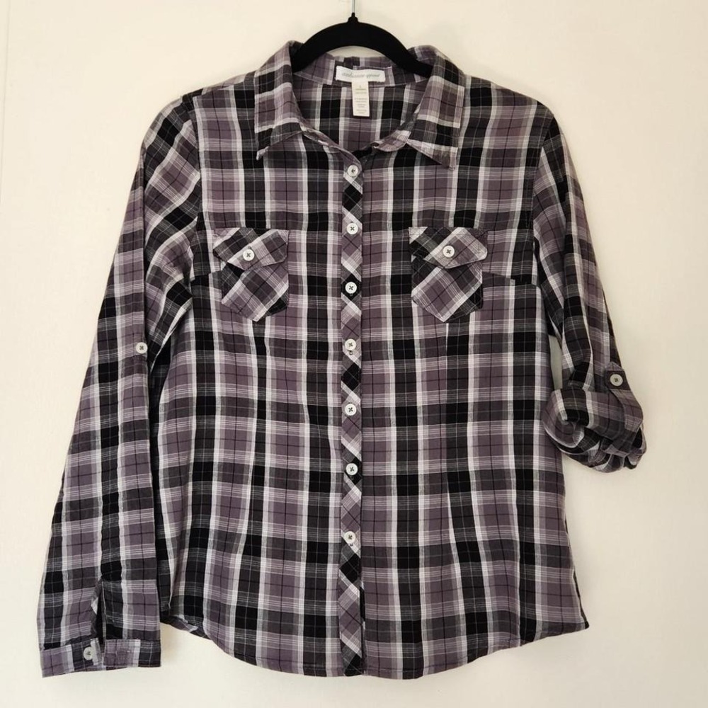 Ambiance Apparel plaid cotton button-up shirt grey and black adjustable sleeves